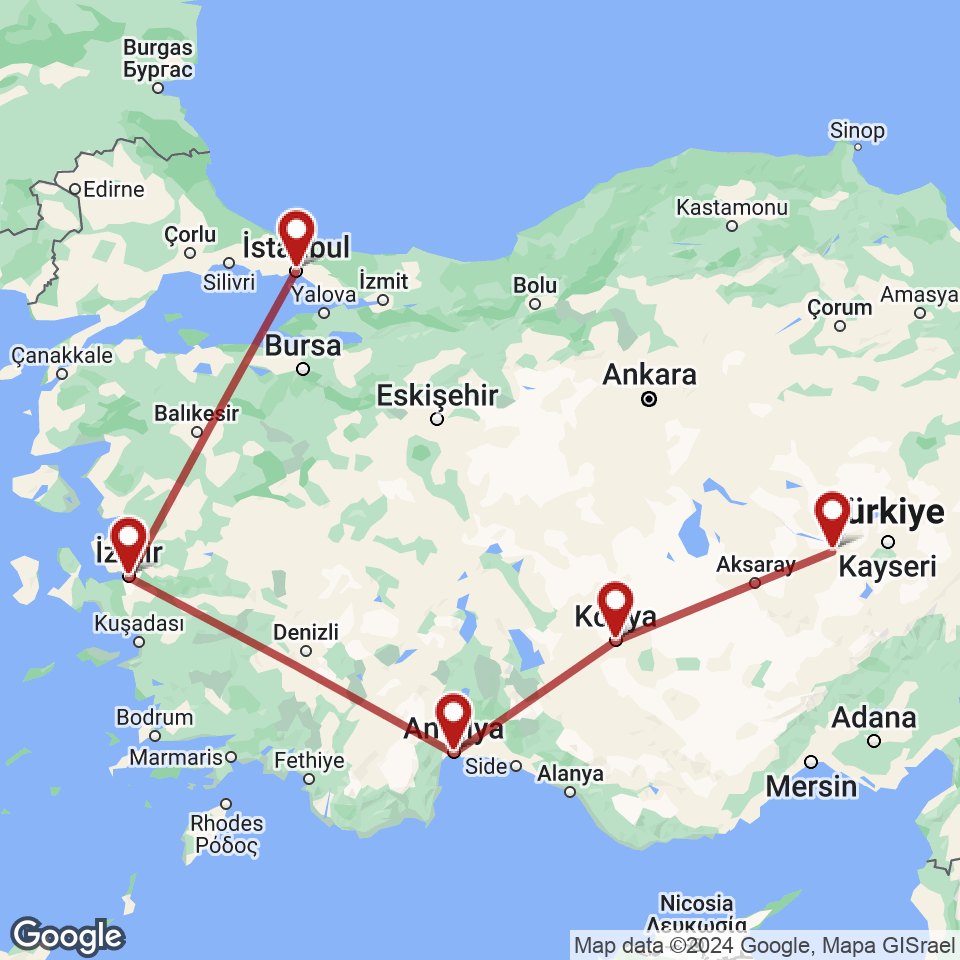 Route for Istanbul, Izmir, Antalya, Konya, Cappadocia tour